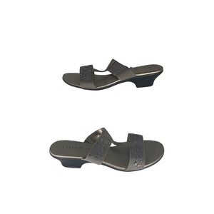 Karen Scott Eddina Sandals 6M Champagne Pewter‎ Rhinestone Low Wedge Slide Shoes